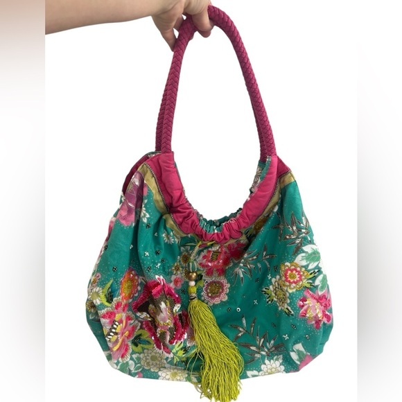 Accessorize Italian Venetian Green Pink Tote Shoulder Bag Tassel Bead Sequin - Picture 2 of 11
